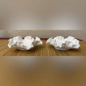 Fenton Hobnail Milk Glass Candy Dish White Elegant Ruffled Edge Set of 2 Vintage